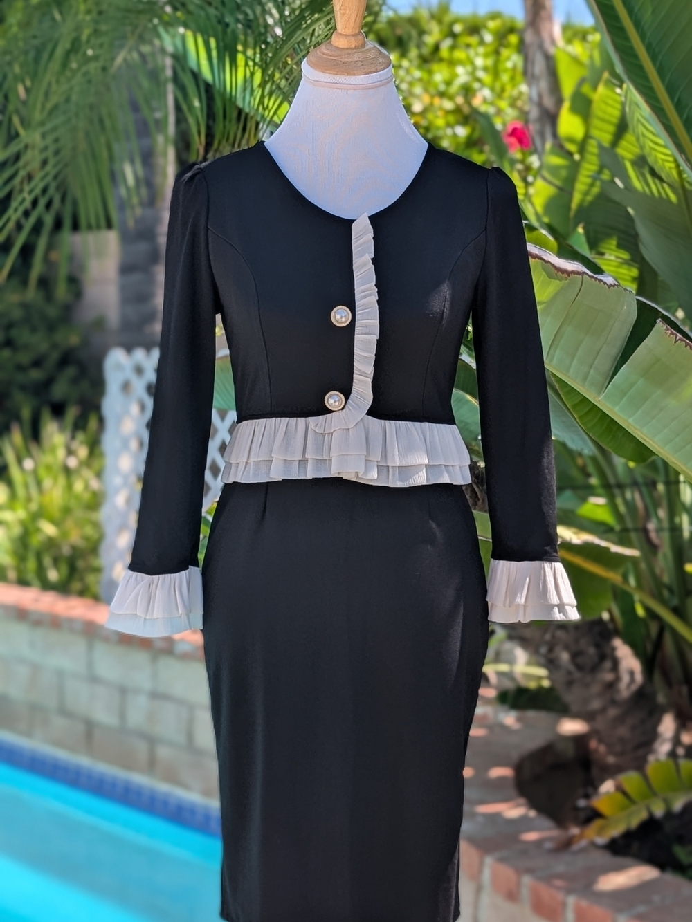 Black Pencil Skirt with Cream Ruffle Trim